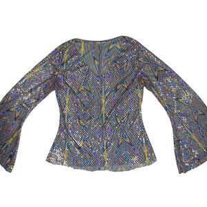 1970's Disco Dance Sequin Party Top Bell Sleeve V Neckline Raw Cut Women's Small